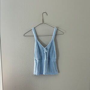 Blue Sleeveless Tank Top with Pleated Tie Front